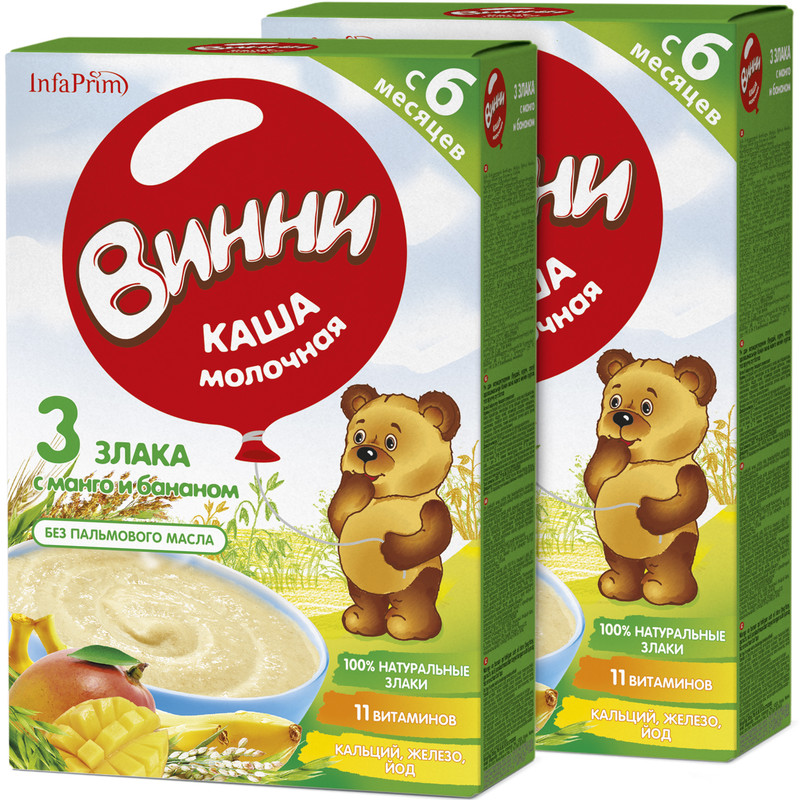Винни каша молочная 3 злака с манго и бананом Винни каша молочная 3 злака с манго и бананом - Добрая аптека