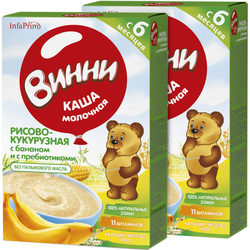 Винни каша молочная рисово-кукурузная с бананом и пребиотиками 200 г Винни каша молочная рисово-кукурузная с бананом и пребиотиками 200 г - Добрая аптека