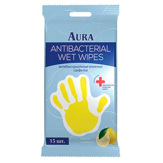 AURA Влажные салфетки с антибактериальным эффектом ЛИМОН со стикером рука 15 шт. - Добрая аптека